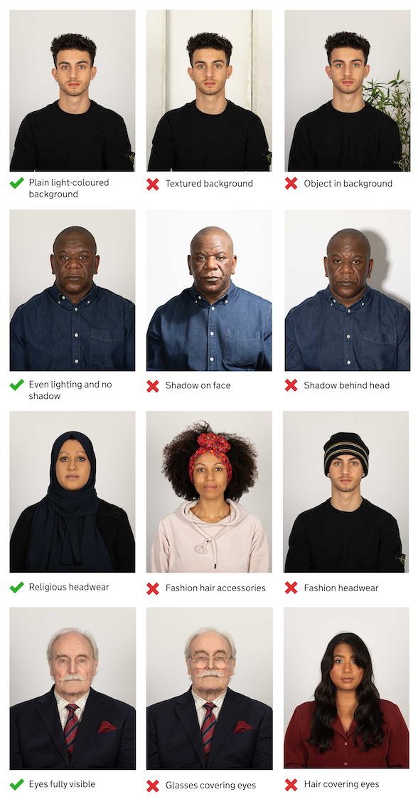 Examples of acceptable and unacceptable passport-style photos: plain light background, even lighting, eyes visible